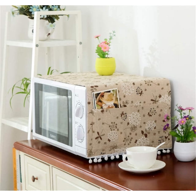 Microwave Oven Cover Dustproof Cotton Machine Protector Decorative Kitchen Appliance Cover with Side Storage Pockets(Gray Dandelion)