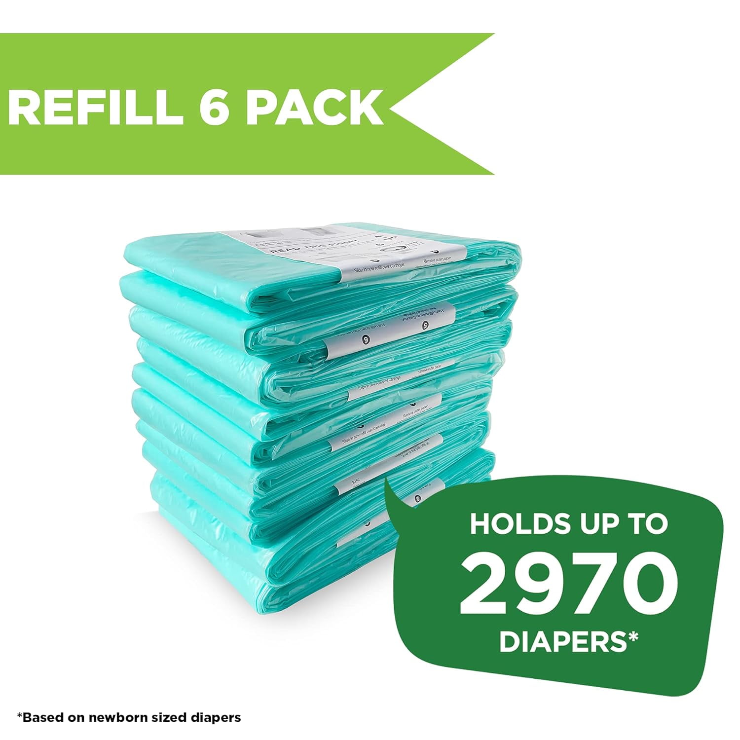 Pail Buddies Diaper Pail Refills for Dekor Classic, 6-Pack Refill Bags, Holds Up to 2,970 Diapers, Strong Disposable Liners with Odor Control, Baby Powder Scent