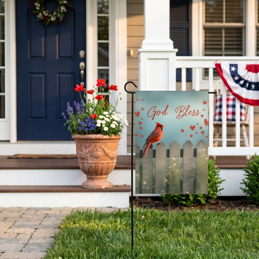 july 4th garden flag A red bird sitting on top of a wooden fence. God Bless 4th july decorations 28x40 Inch Large Format americana home decor