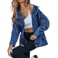 thumbnail image 3 of Women'S Long Oversized Denim Jacket Boyfriend Ripped Distressed Jean Jackets Coat Dark Blue L, 3 of 9