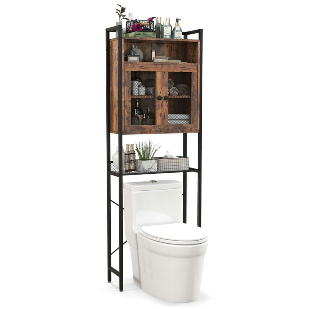 Finihen Toilet Storage Cabinet, Bathroom Cabinet Organizer, Over-The-Toilet Storage Cabinet with Heavy-Duty Metal Frame 2-door Freestanding, for Bathroom, Rustic Brown
