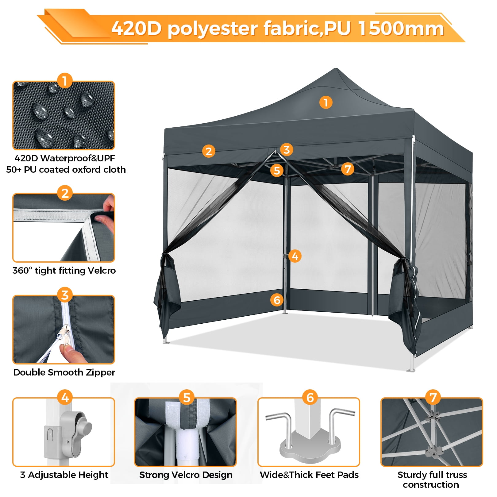 COBIZI 10x10 Heavy Duty Canopy, Pop Up Canopy Gazebo with Netting, Waterproof & Sunproof Party Tent with Mosquito Net, Outdoor Instant Canopy for Outside Party Backyard, Weddings, Birthdays, Gray