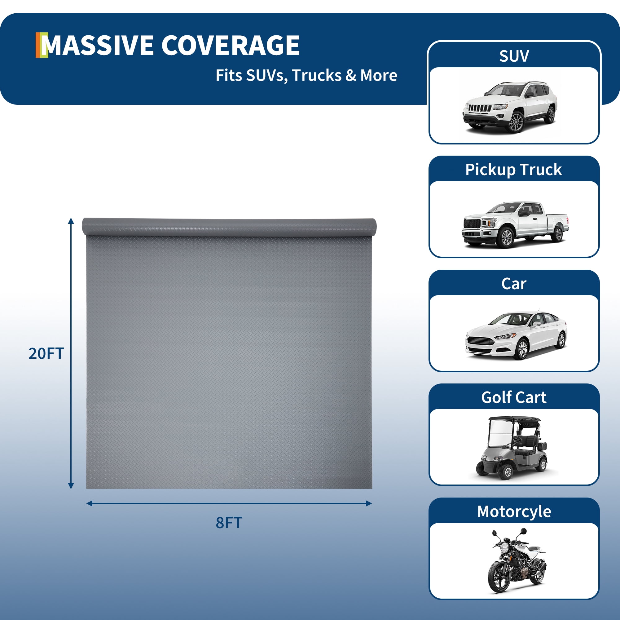 Heavy-Duty Non-Slip Garage Floor Mat for Cars, SUVs, Trucks, Gym, Workshop – 2.8mm Thick Diamond Plate PVC Rubber Roll – Durable Garage Floor Covering – 8x20 FT, Gray