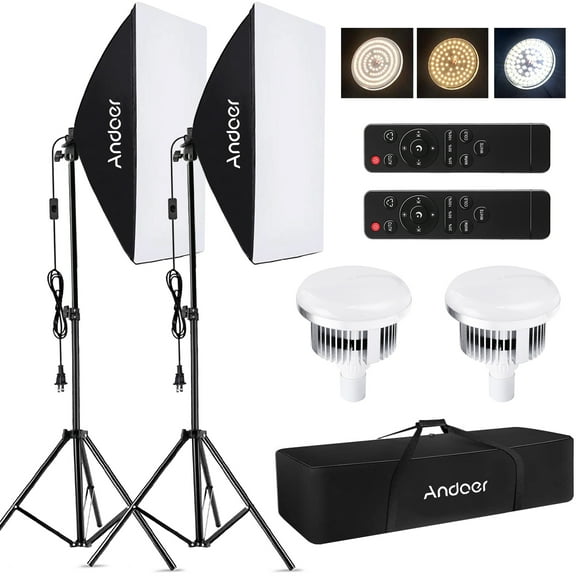Andoer Studio Photography Light kit Softbox Set with 85W 2800K-5700K Bi-color Temperature LED Light * 2 + 50x70cm Softbox * 2 + 2M Light Stand * 2 + Remote Control * 2 + Carry Bag * 1 for