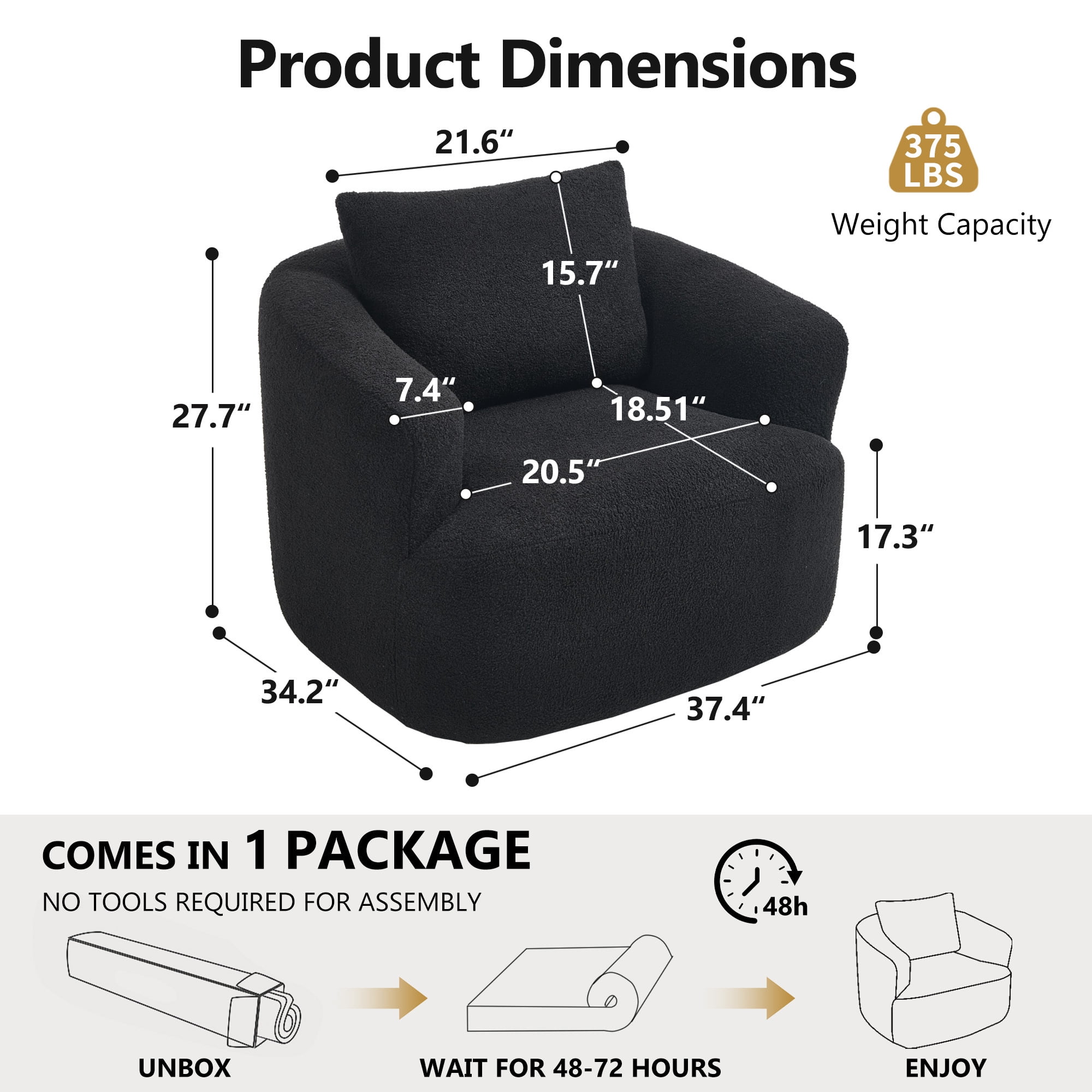 Swivel Accent Chair,360° Round Upholstered Armchair with One Soft Pillow,Teddy Fleece High-Resilience Sponge Single Sofa for Living Room, Bedroom, Apartment,No Assembly,Black