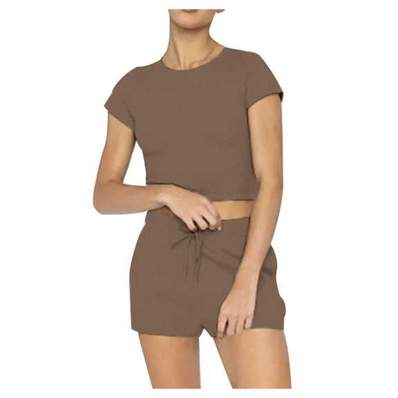 XuJwPNcy Two Piece Lounge Sets Womens Round Neck Short Sleeve Crop Top and Drawstring Shorts Tracksuit Outfits