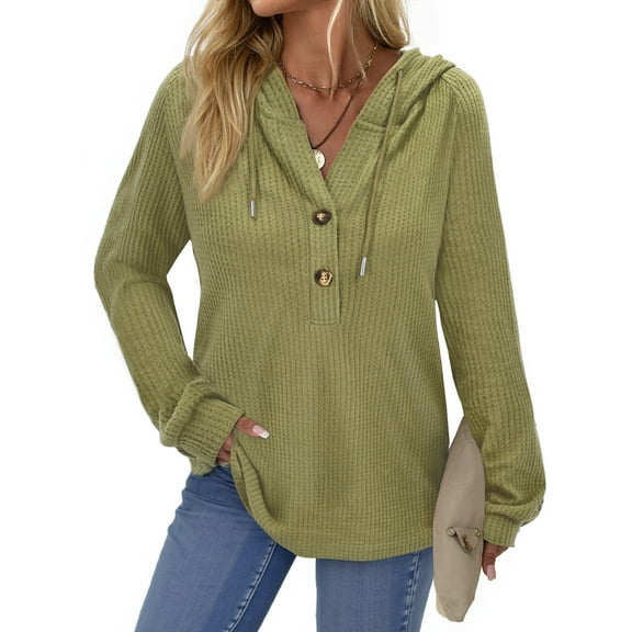 Fantaslook Hoodies for Women Waffle Knit Sweatshirts Drawstring Long Sleeve Tops Button V Neck Pullover