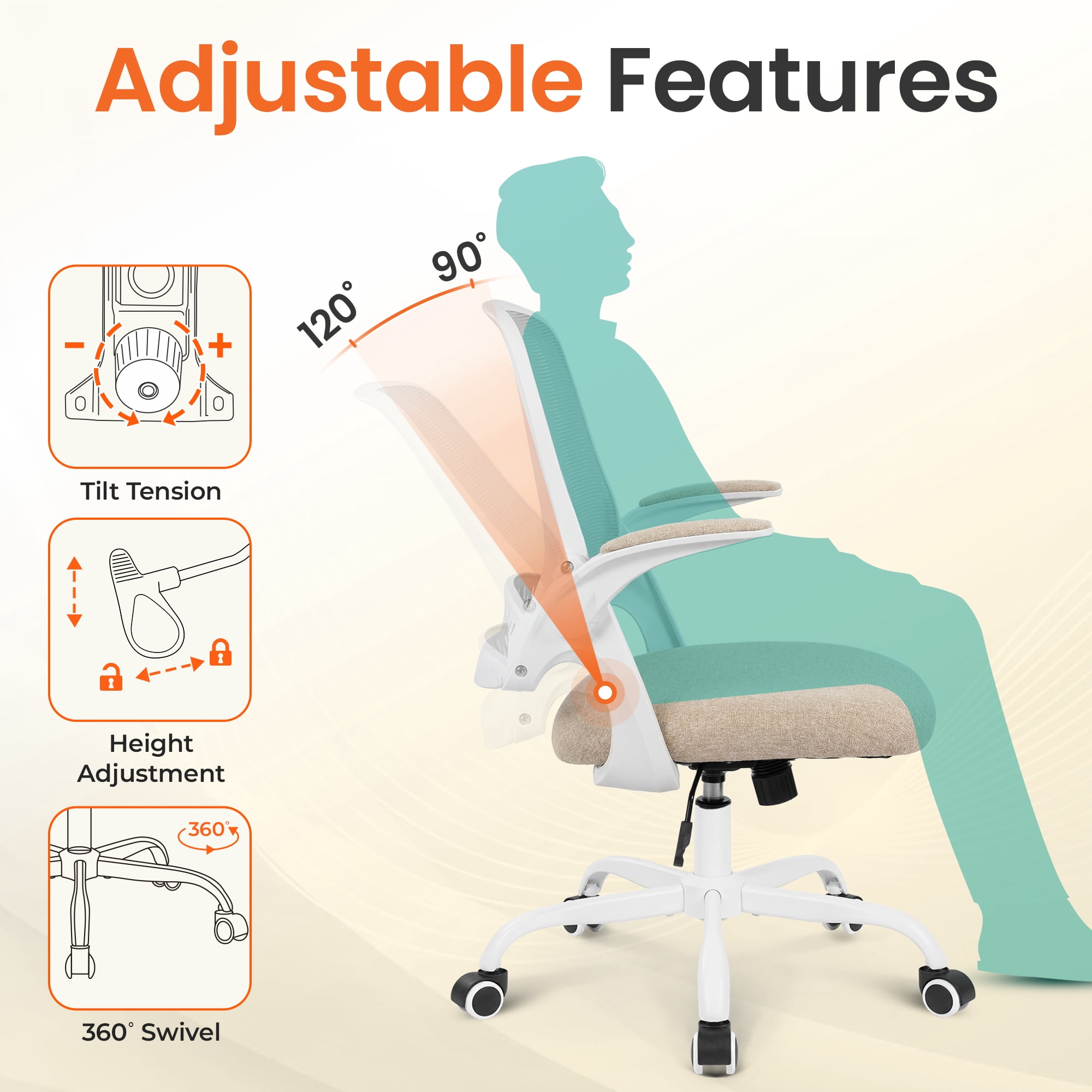 NEO CHAIR Office Chair Gaming Desk Computer Mesh Ergonomic Chair with Flip-up Arms Comfy Lumbar Support Adjustable Height Rolling Wheels Chair for Home Office (Beige)
