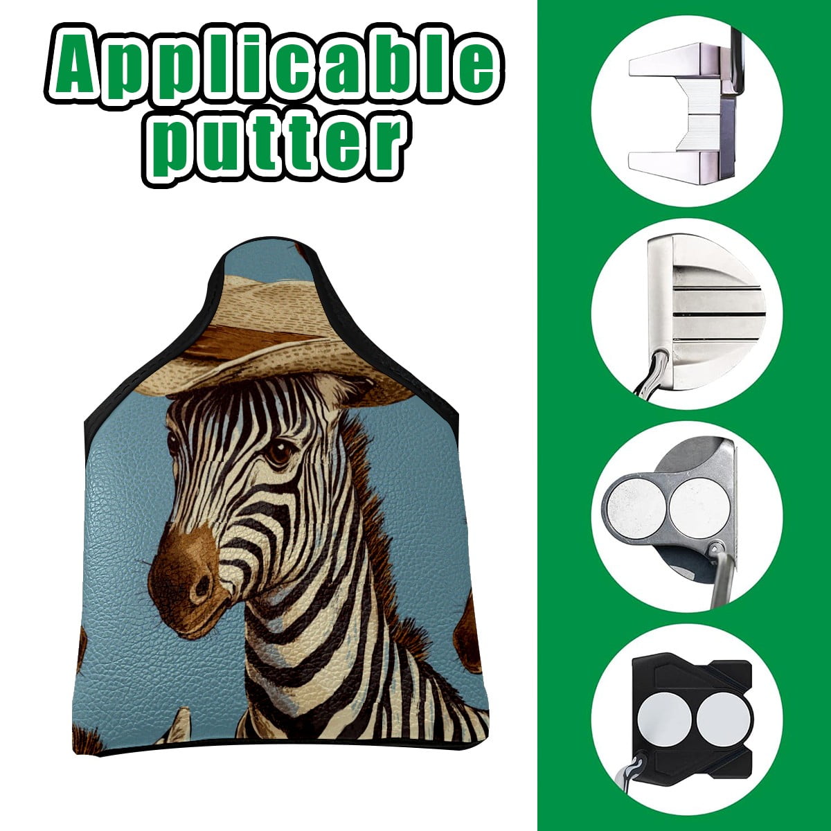 Golf Mallet Putter Cover Premium Leather Waterproof Golf Putter Head Cover with Magnetic Closure Zebra Hat