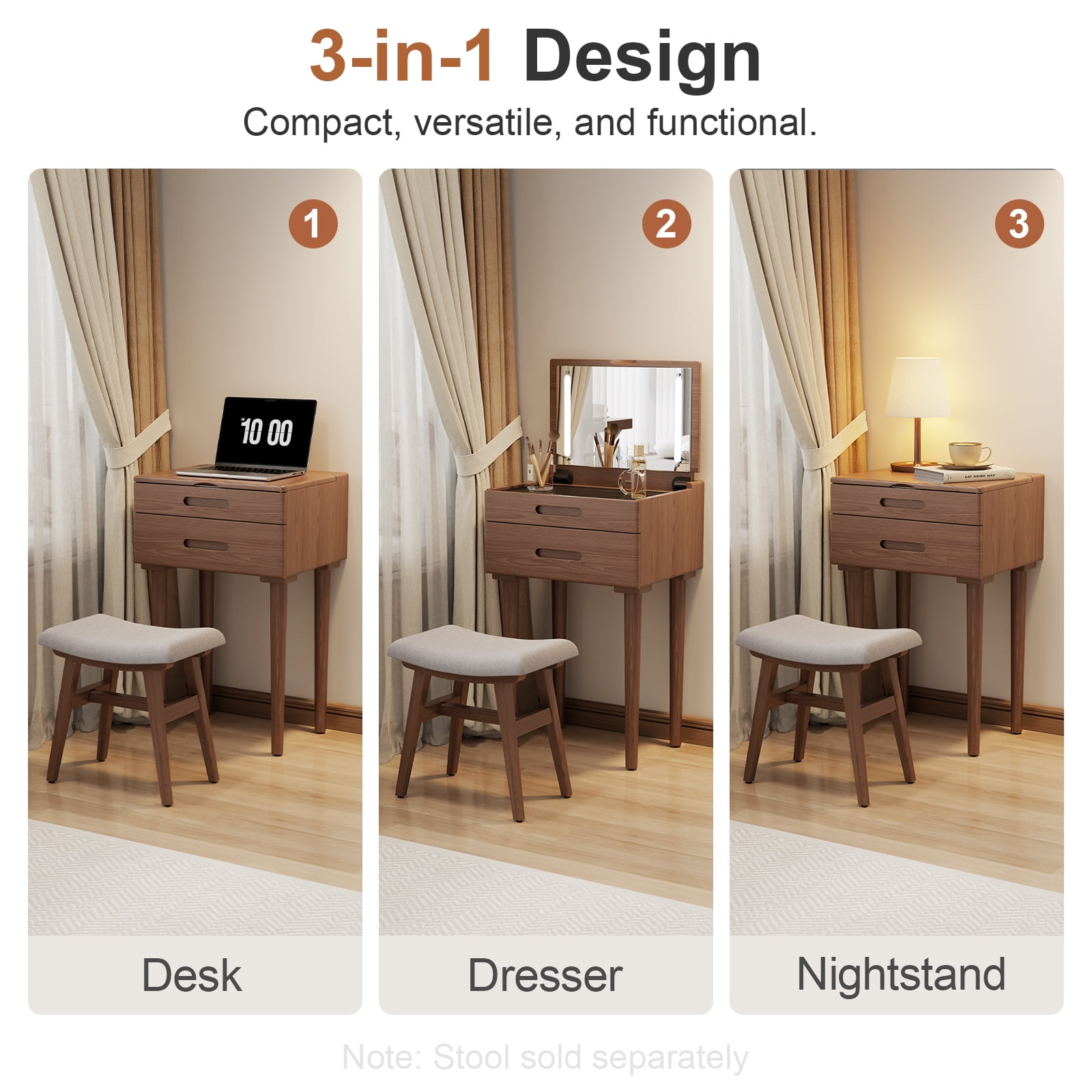 KASLANDI Solid Wood Vanity Table with Flip Top Mirror, Adjustable Lights, Glass Top Dressing Table, Vanity Desk with Stool for Small Spaces, Bedroom, Walnut