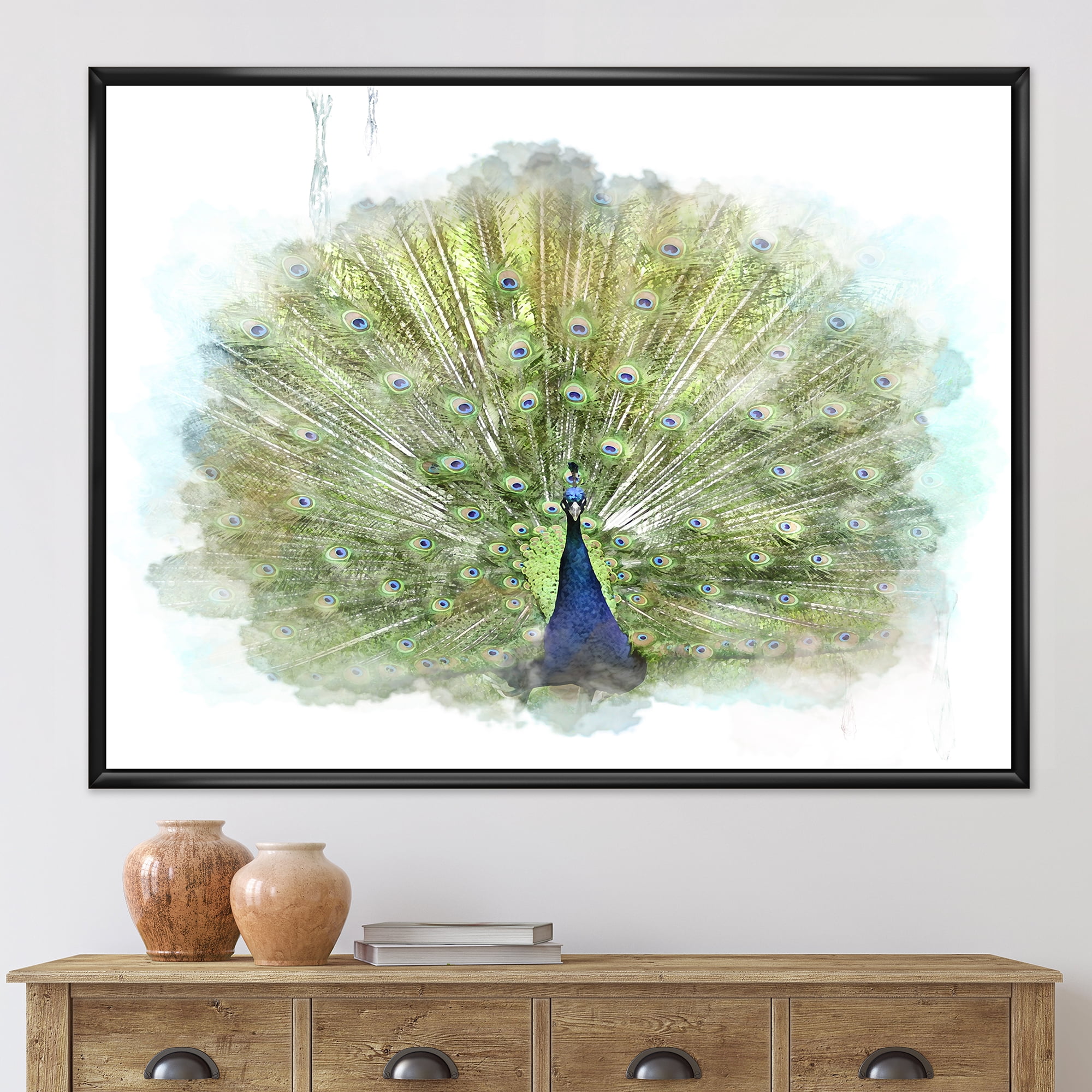 Designart 'Dancing Peacock Bird' Traditional Framed Canvas Wall Art Print