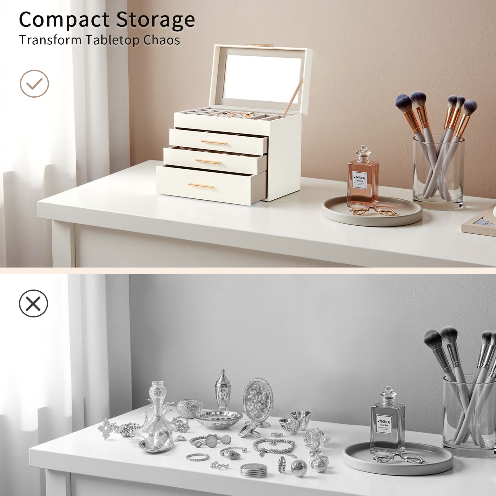 2-Drawer Jewelry Box White Jewelry Organizer with Pink Velvet Lining & Clear Top Lid Compact Storage White