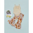 thumbnail image 2 of Faithtur Elegant Baby Girl Pants Set, Square Neck Solid Color Ribbed Buttoned Crotch Romper Floral Elastic Waist Flared Long Pants, 2 of 9