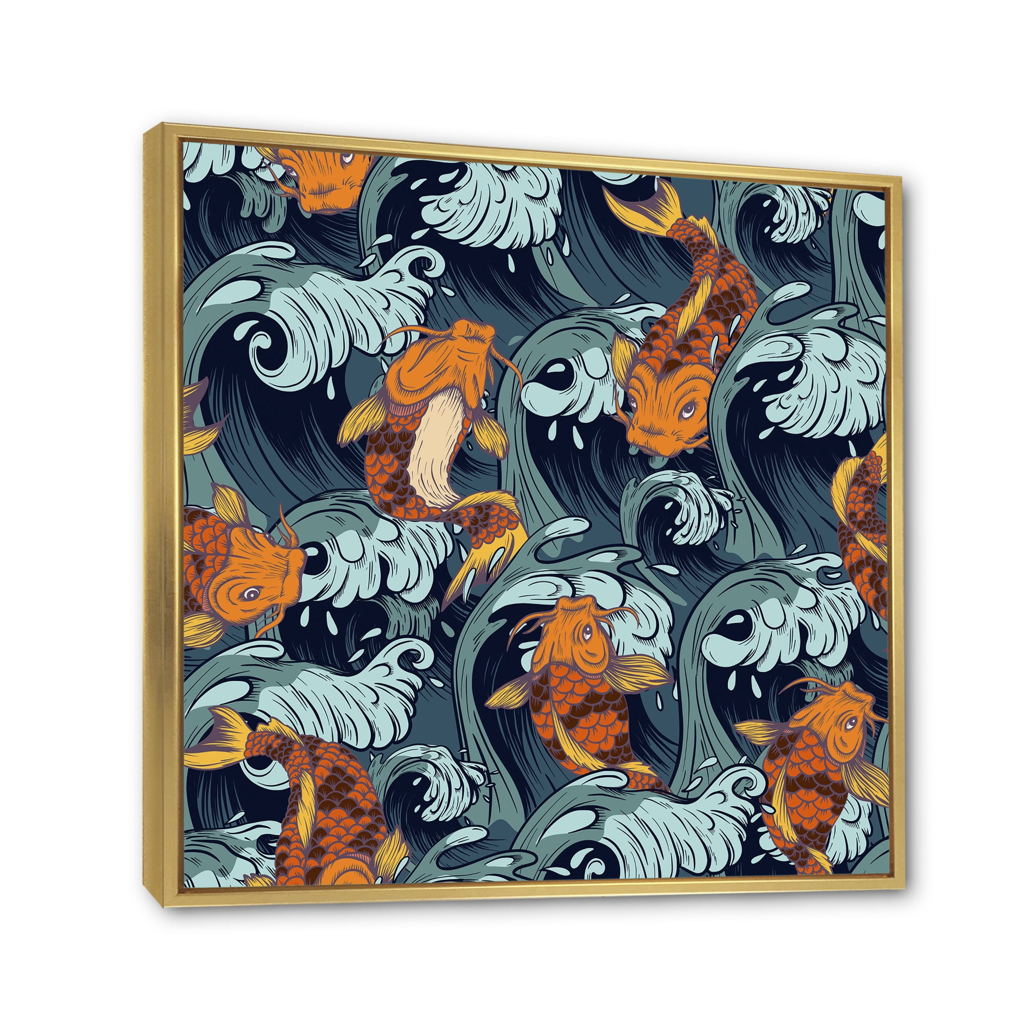 Designart 'Japanese Koi Fish on Sea Waves' Nautical & Coastal Framed Canvas Wall Art Print