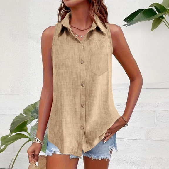 BRGZLK Womens Button Down Linen Shirt Tops Summer Trendy V Neck Business Casual Solid Color Lightweight Breathable Sleeveless Collared Blouses Tank Top for Daily 2026 Khaki M