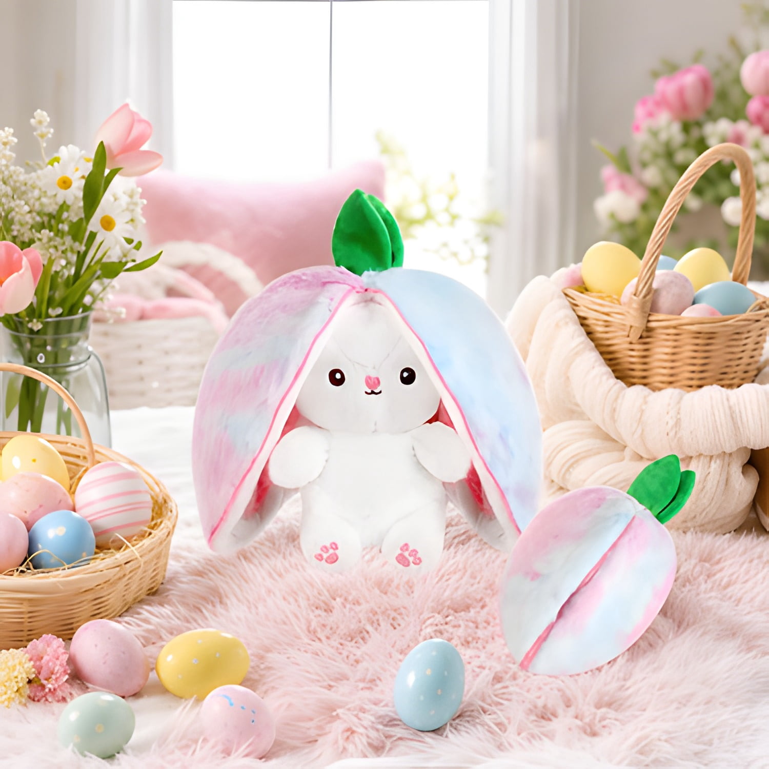 Kawaii Squishy Cute Easter Bunny Plush Turn Into Rabbit Fruit Doll Carrot Strawberry Pillow, Plushies Funny Bunny Toy for Baby