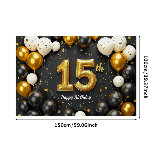 Black Gold White Balloon Themed 15th Birthday Backdrop Banner Party Decorations Happy Birthday Photography Props Birthday Party Decor Background