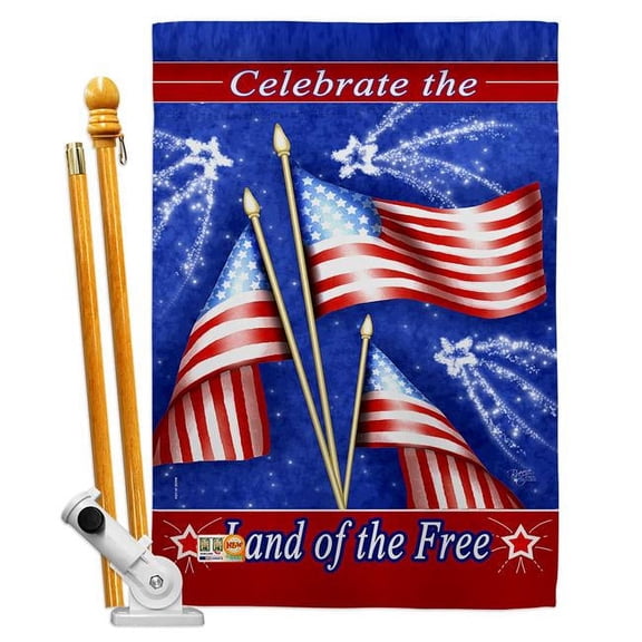 Breeze Decor BD-FJ-HS-111057-IP-BO-D-US12-AL 28 x 40 in. Celebrate Freedom Americana Fourth of July Impressions Decorative Vertical Double Sided House Flag Set with Pole Bracket & Hardware