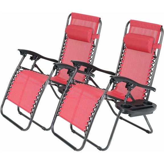 Set of 2 Zero Gravity Lounge Chair Recliners Steel Mesh Fabric Outdoor Folding Chair w/Footrest, Adjustable, Pillow and Tray, Red