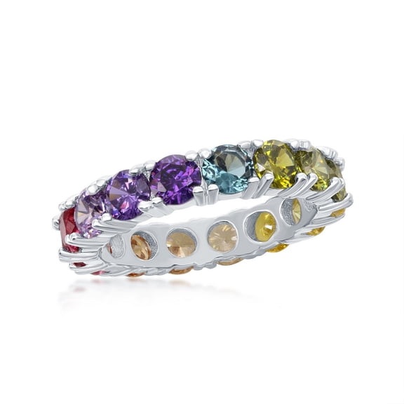 iJewelry2 Sterling Silver Round Rainbow Multicolor Prong Set CZ Eternity Band Ring Size 6