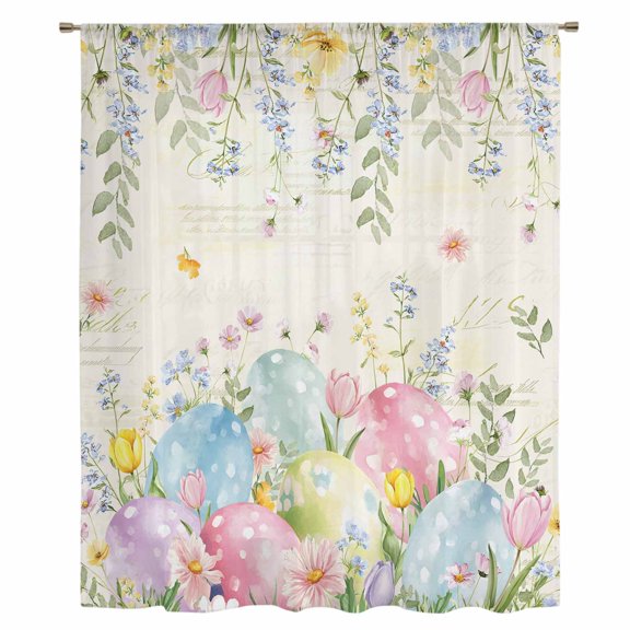 Easter Eggs Sheer Curtains 96 Inches Long, Spring Daisy Eucalyptus Leaves Vintage Light Filering Curtains, Privacy Drapes Simi Floor to Veiling Curtain for Living Room Bedroom Large Window Treatment