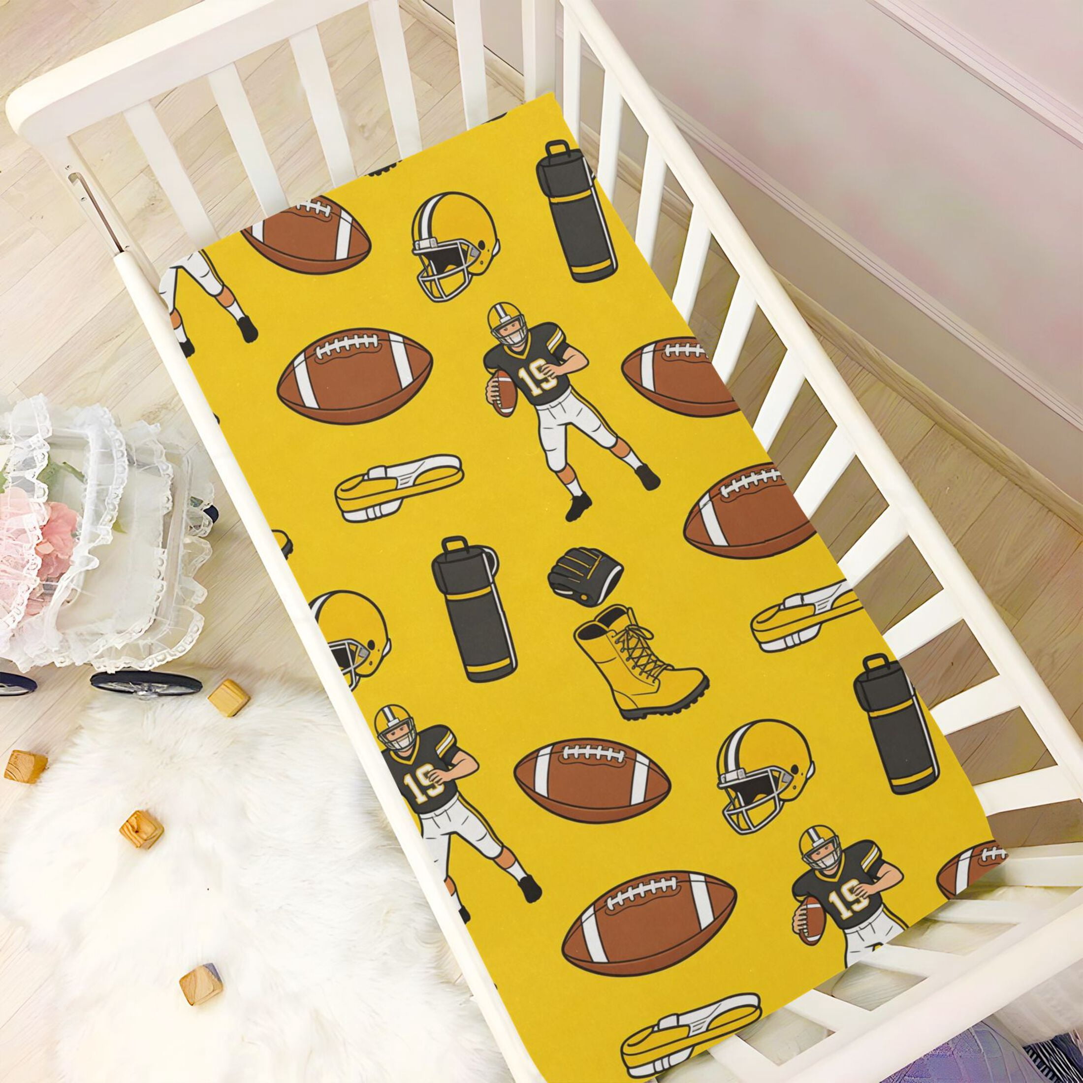 Baby Essentials 52”x 28”- Standard Cotton-like Modal Elastic- Yellow Rugby Ball Design Crib Sheets for Newborns and Toddlers