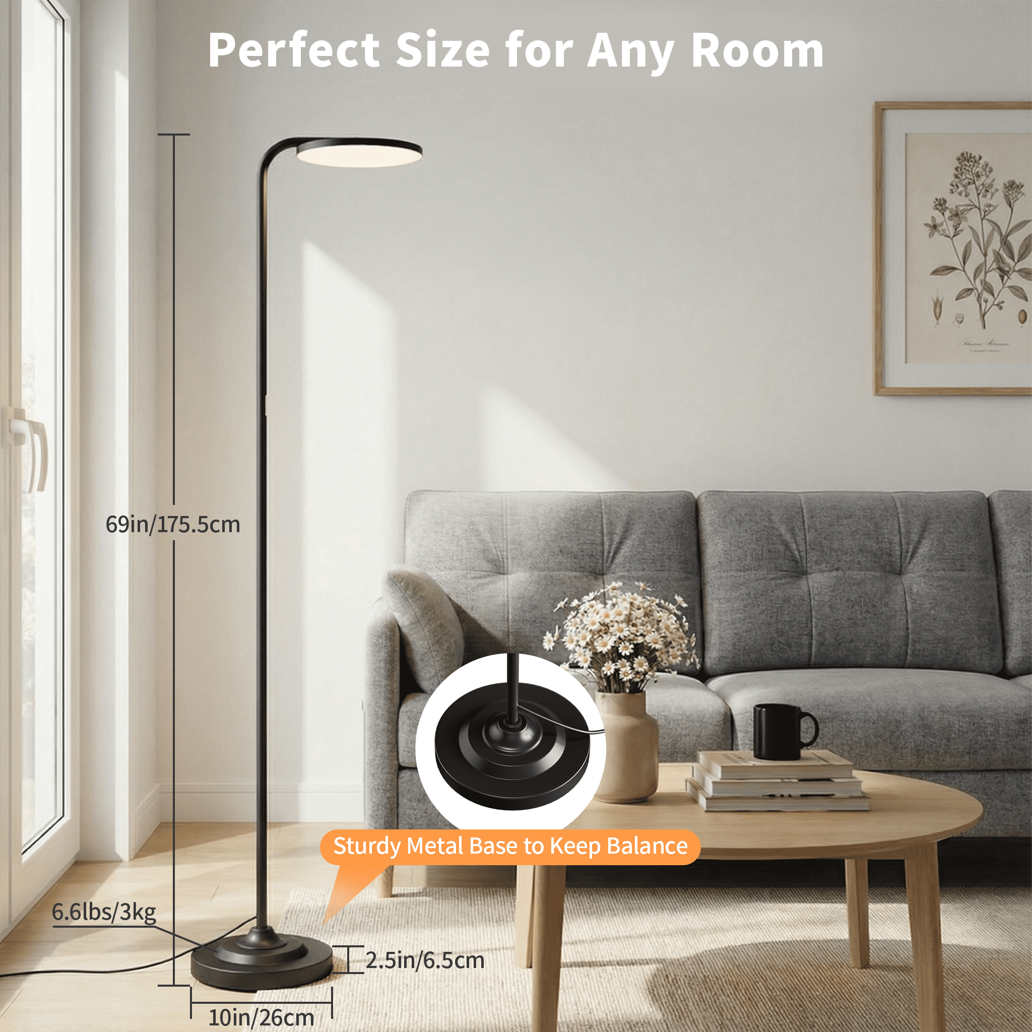 BedLuxury 36W Super Bright Torchiere Floor Lamp, Stepless Dimmable Tall Standing Lamp with Remote Control for Living Room, Bedroom, Office, Black