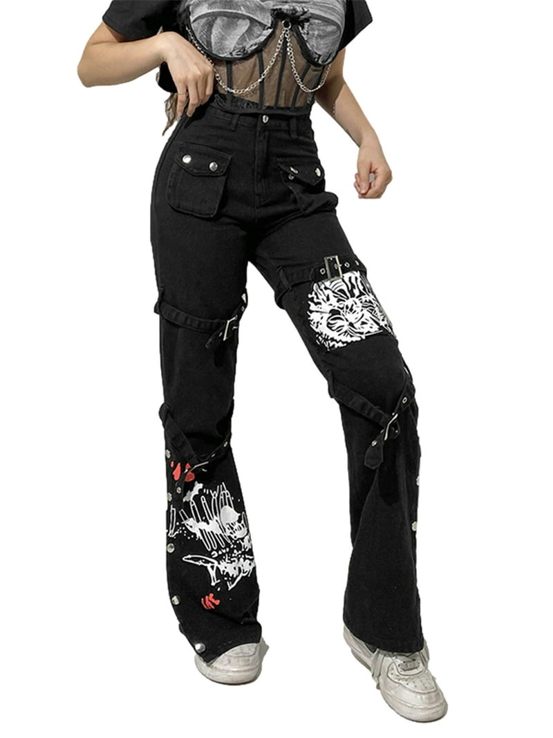 Gothic Punk Cargo Jeans for Women, Wide Leg, Grunge Baggy Pants