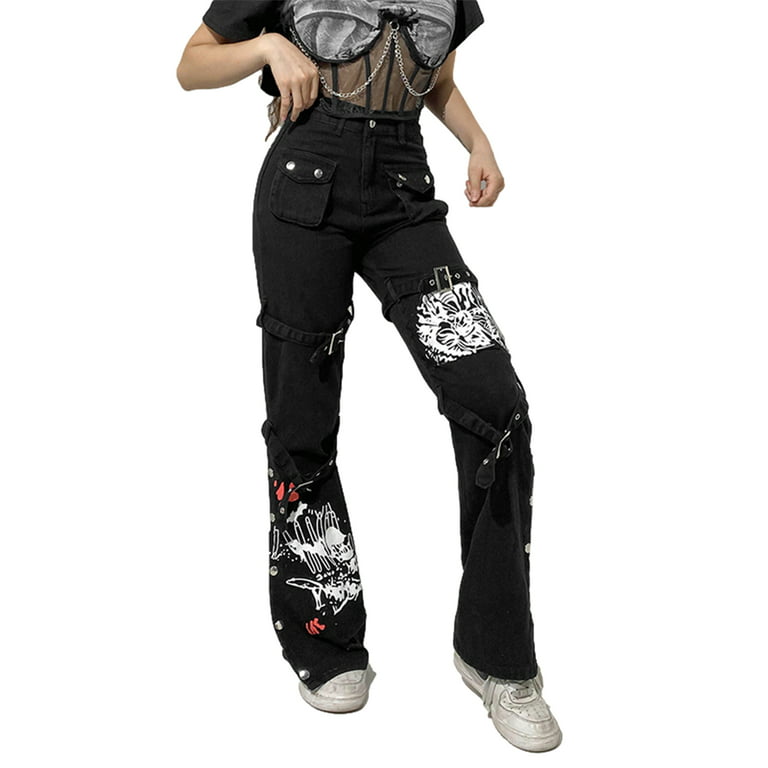 Nhicdns Women Goth Cargo Pants Y2K Baggy Jeans Grunge High Waisted Trousers  E-Girl Streetwear, 1# Black, X-Small-Small price in Saudi Arabia,   Saudi Arabia