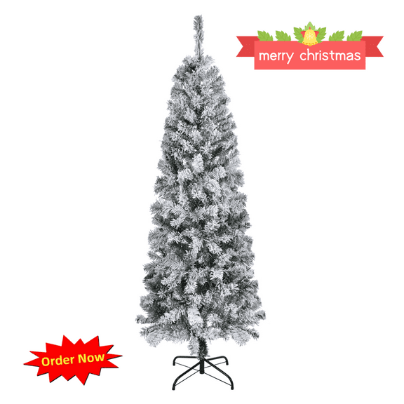 Tcbosik Flocked Unlit Christmas Tree, 6ft Artificial Xmas Tree with 320 Branch Tips for Home Office, Includes Metal Stand, Snowy Green