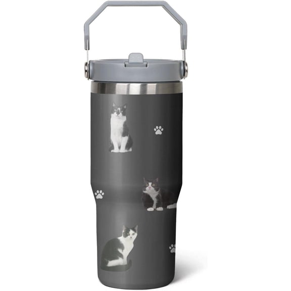 Cat Gift for Cat Lover,30 oz Cat Tumbler Stainless Steel Insulated with Handle (Cat-Black, 30 oz)