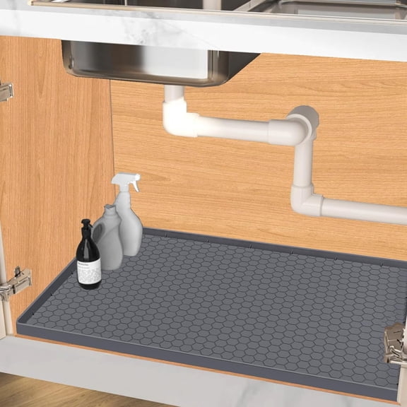 Under Sink Mat 25 x 22 for Kitchen Waterproof, Silicone Under Kitchen Sink Liner Mat, Easy to Clean Bathroom Cabinet Mat Organizers and Storage, Grey