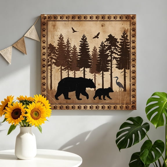 Wildlife Canvas Wall Art, Rustic Forest Birds Black Bear Silhouettes Pictures Wall Decor Wooden Framed Artwork Art Prints for Living Room Hallway Bedroom Office 12"x12"
