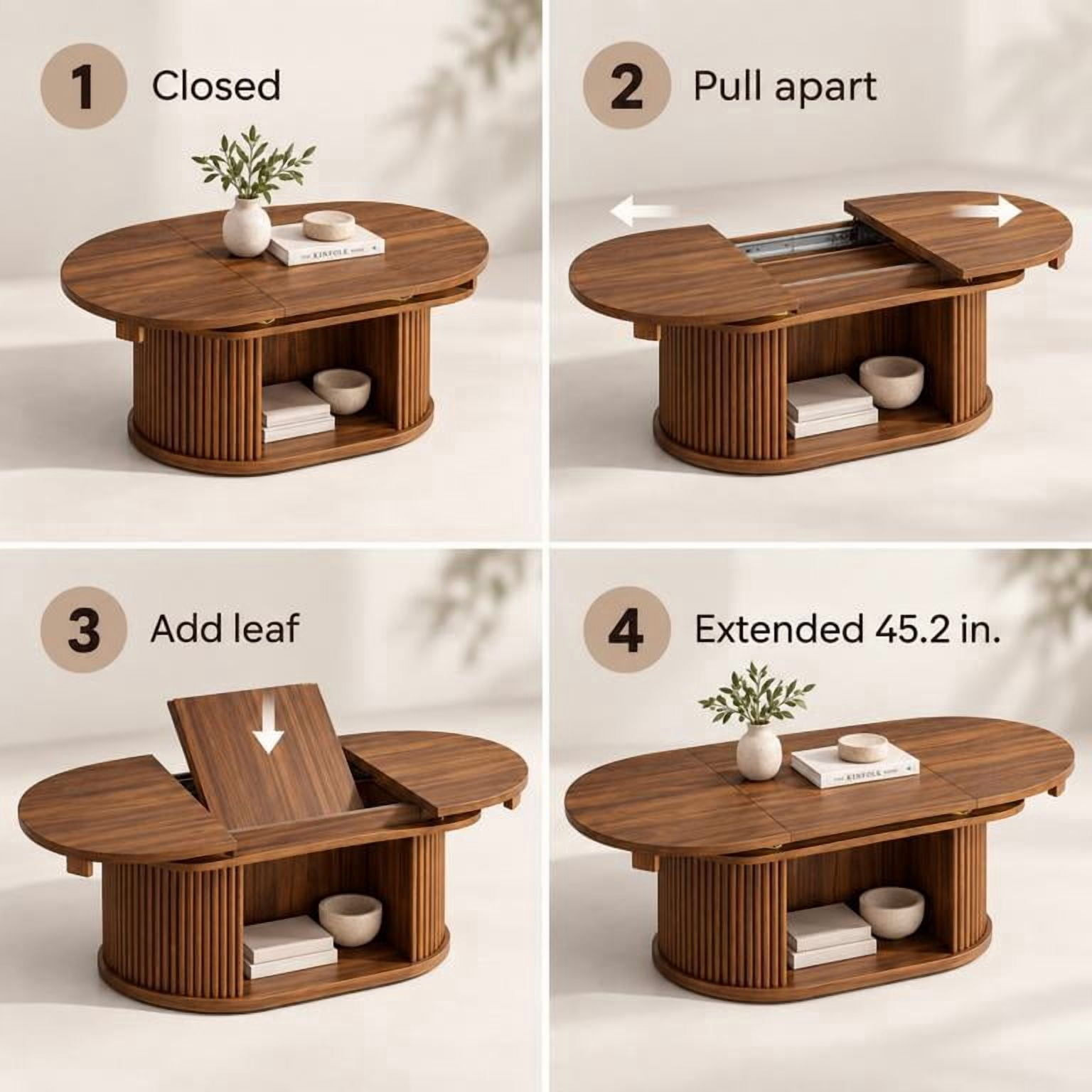 Lacoo Extendable Oval Coffee Table with Storage, Fluted Base with Cubby for Living Room, Den, Brown