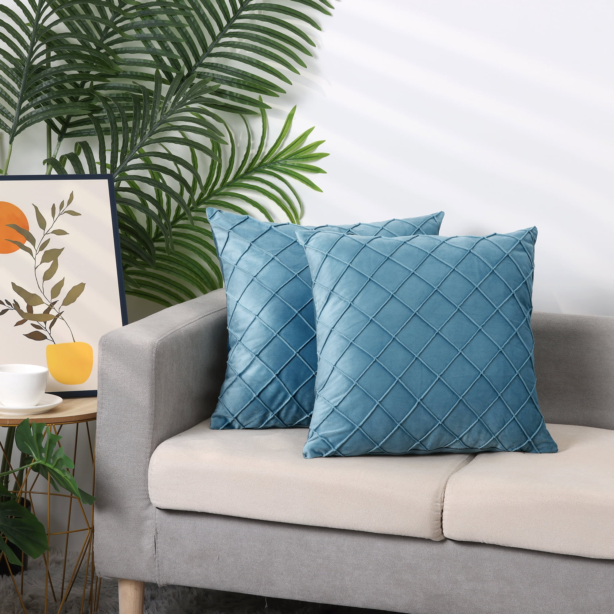 Unique Bargains Velvet Decorative Pillow Covers Geometric Textured Cushion Covers 2 Pcs Blue 18" x 18"