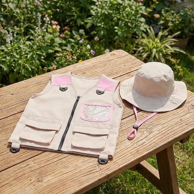 Chaleco explorador para niños, disfraz de camping, accesorio educativo para fotos, chaleco cargo para niños, sombrero para senderismo, niños y niñas, Rosa