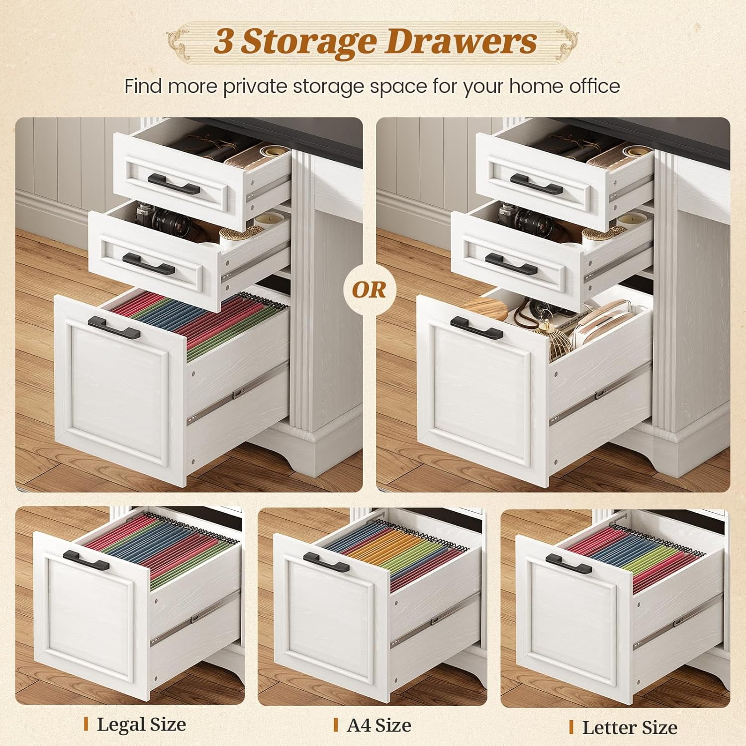 Farmhouse L Shaped Desk with Hutch and 3 Drawers, 68.9" Executive Office Desk with Power Outlet Open Shelves, Elegant Corner Desk Computer Desk with Storage Shelves for Home Office, White