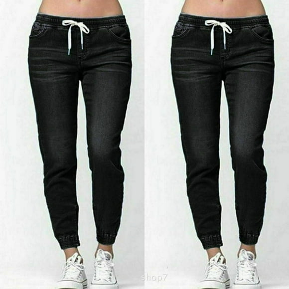 NEW Women‘s Casual Denim Jogger Pants Ladies Drawstring Elastic Waist Jeans