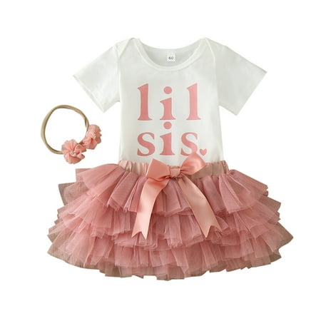 

Baby Girl Clothes Set Summer Short Sleeve Letter Prints Romper Bowknot Skirt With Headband 3Pcs Stretch Wrap Girls Clothing Sets 9-12 Months