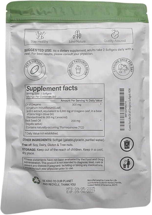 Oil of Oregano Softgels 300 Softgels (Pack of 3)  6000mg High Potency with 165mg Carvacrol & 200mg Black Seed Oil – 2-in-1 Immune Support & Digestive Health – 900 Softgels