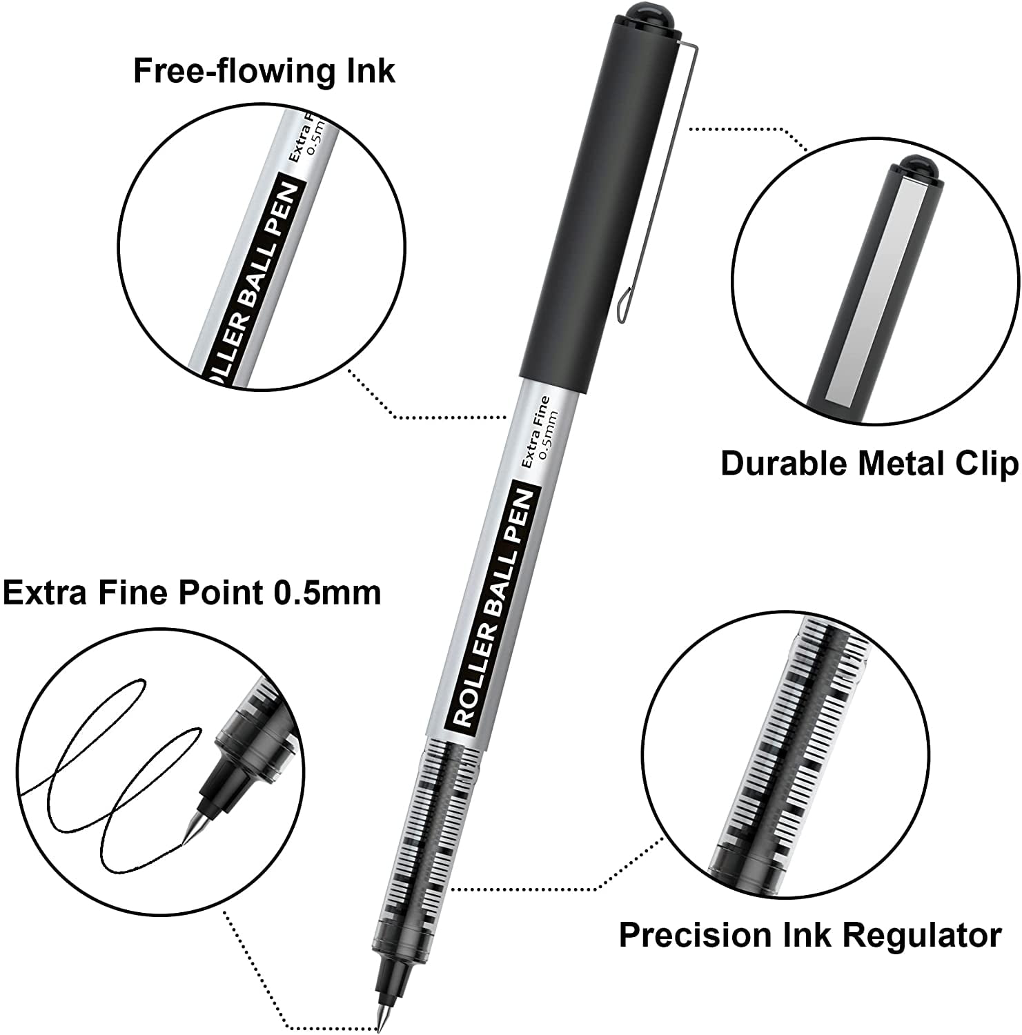 RollerBall Pens, Shuttle Art 25 Pack(21 black 2 blue 2 red) Fine Point Roller Ball Pens, 0.5mm Liquid Ink Pens for Writing Journaling Taking Notes