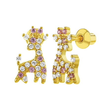 In Season Jewelry 18k Gold Plated Pink Clear CZ Giraffe Screw Back Earrings for (Best Cubic Zirconia Jewelry)