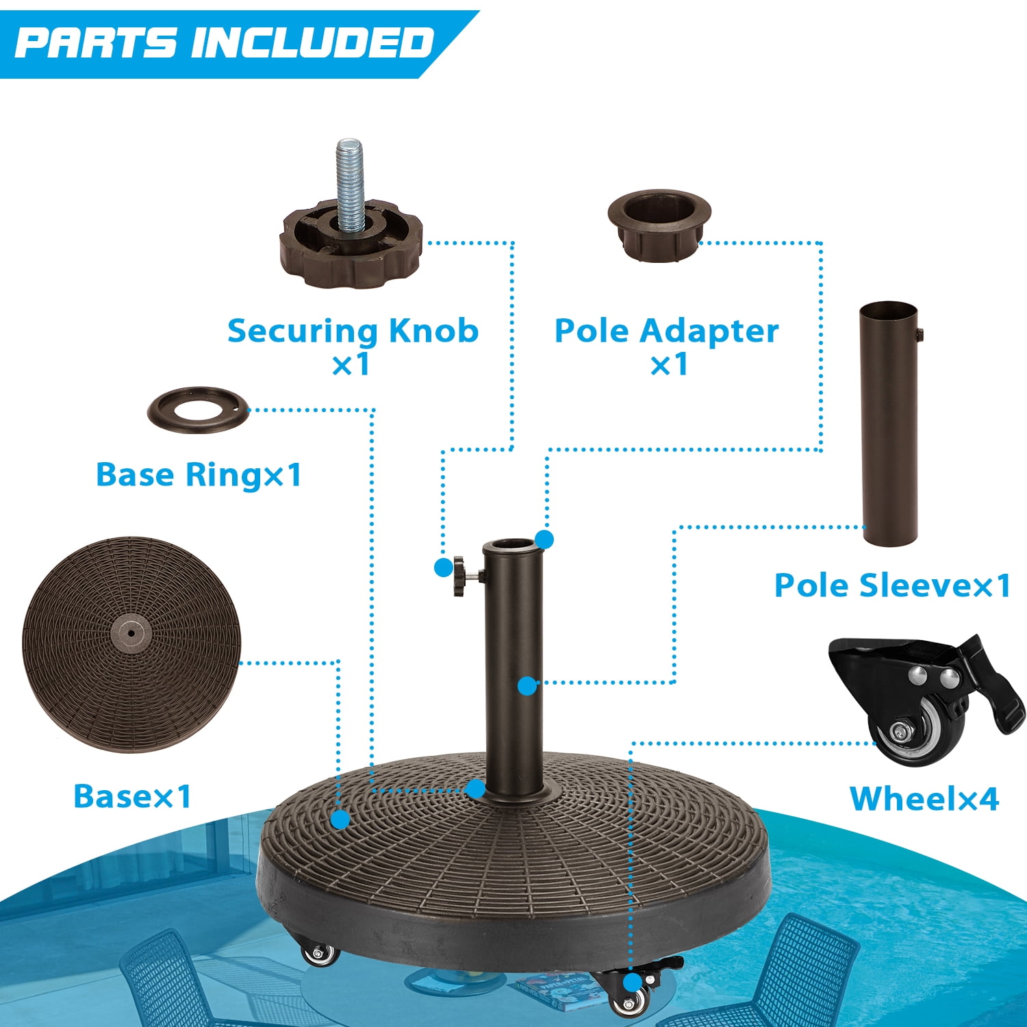 UPHYB 52LBS Umbrella Base, Umbrella Stand with Brakeable Wheels, Patio Umbrella Base Heavy Duty for Outdoor 1.5''~1.89'' Market Umbrella, Resin Umbrella Holder for Patio Deck Porch Poolside, Bronze