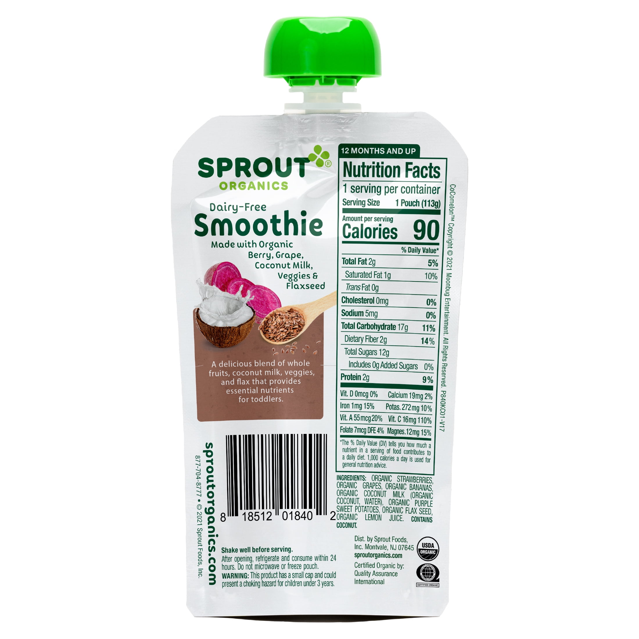 CoComelon Sprout Organics Toddler Food, Organic Berry Grape Dairy Free Smoothie, 4 oz Pouch