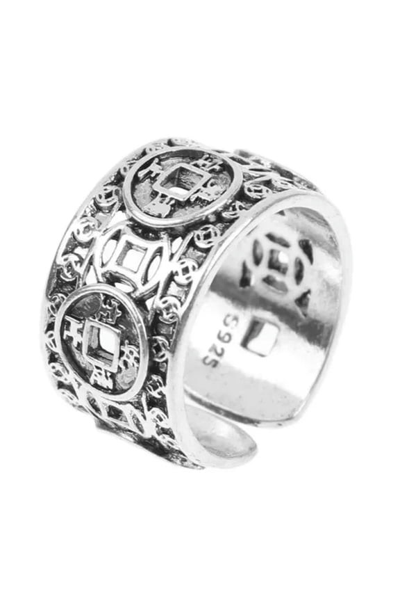 Vintage Ethnic Style Five Emperors Money Coin Rings Lucky Adjustable Finger R-Silver-