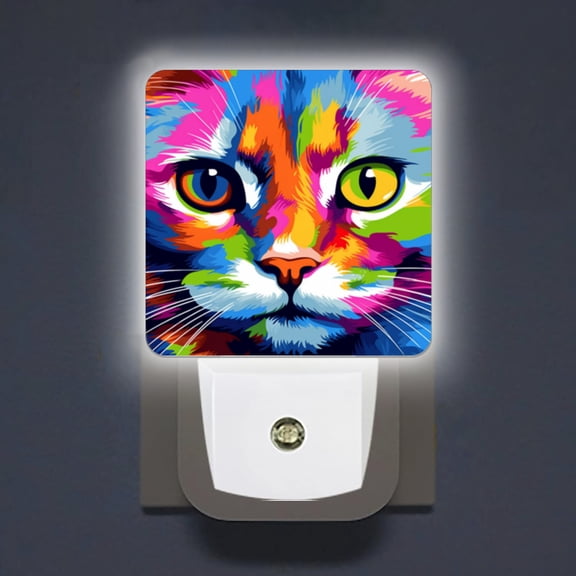 LED Night Lights Lamp with Dusk to Dawn Sensor, Vibrant And Colorful Cat Face In The Style Of Pop Art Night Light Plug Into Wall for Kids Room, Bedroom, Bathroom, Kitchen, Hallway