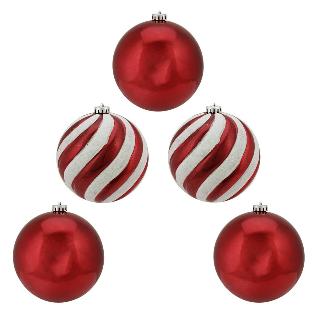 5ct Shiny Red and White Stripe Glittered Shatterproof Ball Christmas