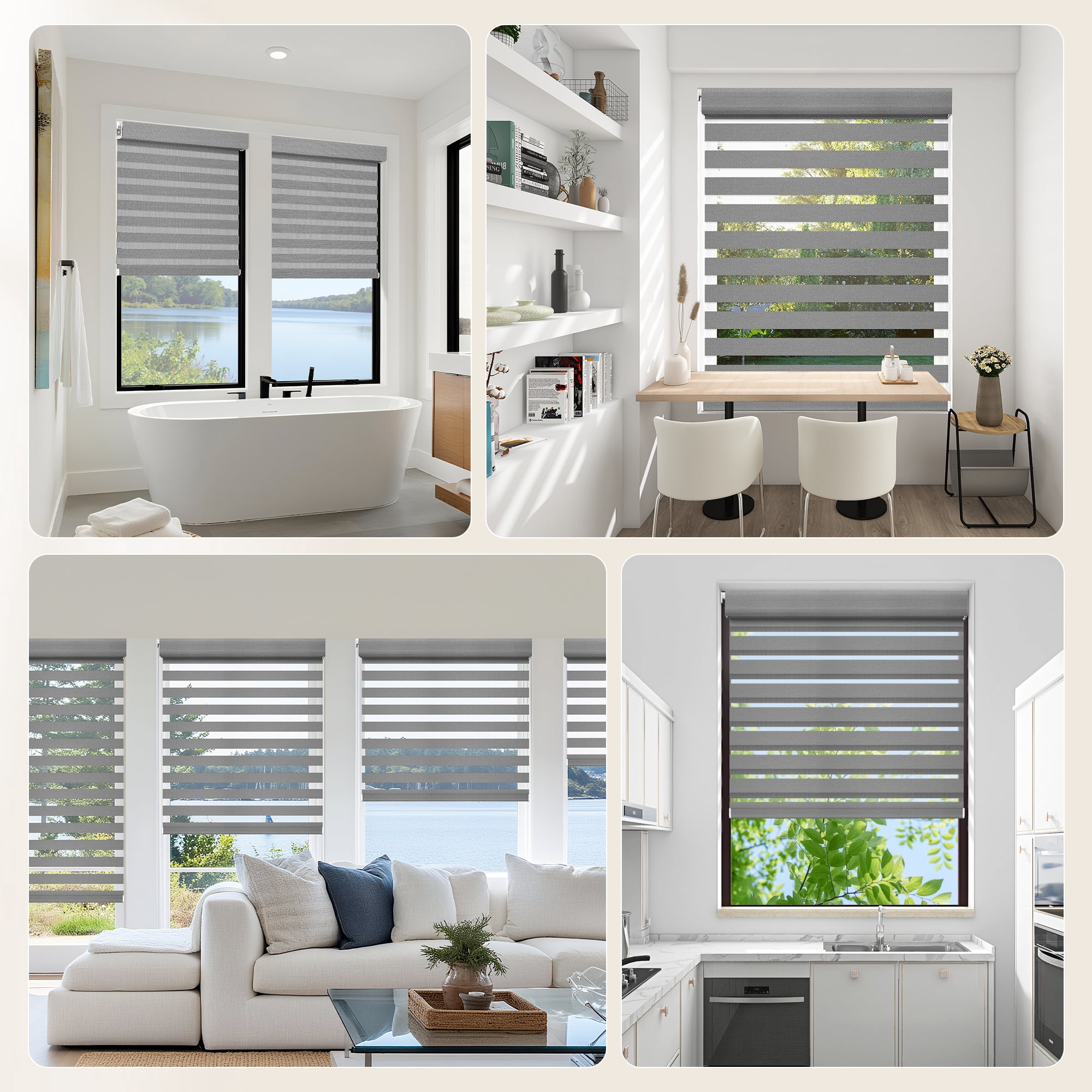 Grandekor No Drill Zebra Blinds for Windows,Cordless Zebra Shades Dual Layer, Pull Down Roller Shades Free-Stop,34"W x 72"H,Grey,Easy to Install for Home, Office, Bedroom