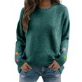 thumbnail image 5 of Women's Crochet Cuff Sweater, Long Sleeve Crewneck Pullover with Embroidered Wrist Detail, Boho Chic Knit Top, Artisan Style Crochet Accent Blouse for Women Blackish Green L, 5 of 10