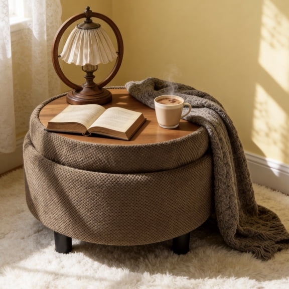 MOONMISS Round Ottoman with Storage and Reversible Tray, Upholstered Fabric Footrest Coffee Table for the Living Room, Bedroom, or Entryway,Coffee